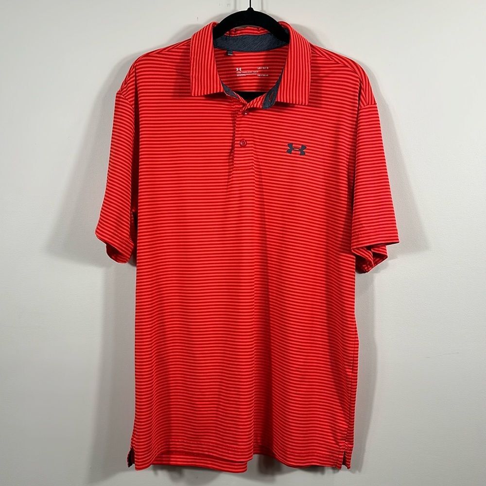 Under Armour Men Polo Size Large Bright Red Orange Stripe